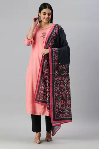 women's round neck solid zardozi pink straight kurta and trouser with dupatta