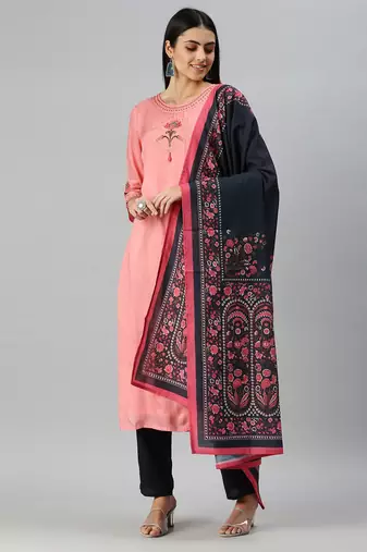 women's round neck solid zardozi pink straight kurta and trouser with dupatta