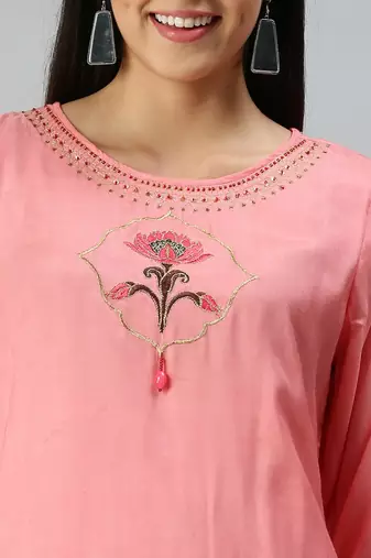 women's round neck solid zardozi pink straight kurta and trouser with dupatta