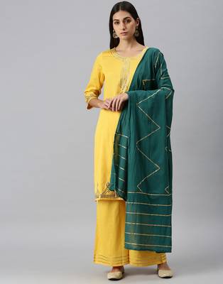 women's round neck solid yellow straight kurta and palazzos with dupatta 1