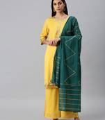 women's round neck solid yellow straight kurta and palazzos with dupatta