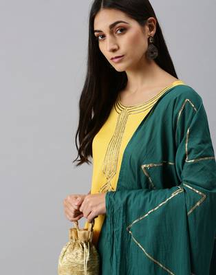 women's round neck solid yellow straight kurta and palazzos with dupatta 2