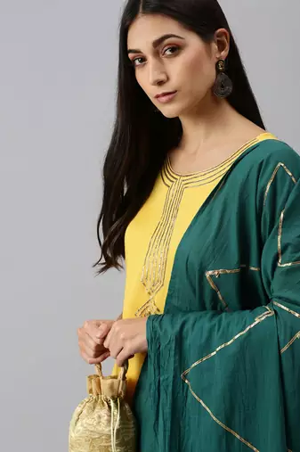 women's round neck solid yellow straight kurta and palazzos with dupatta