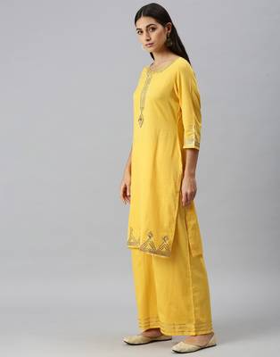women's round neck solid yellow straight kurta and palazzos with dupatta 3