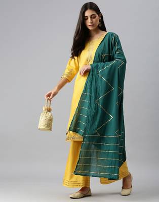 women's round neck solid yellow straight kurta and palazzos with dupatta 4