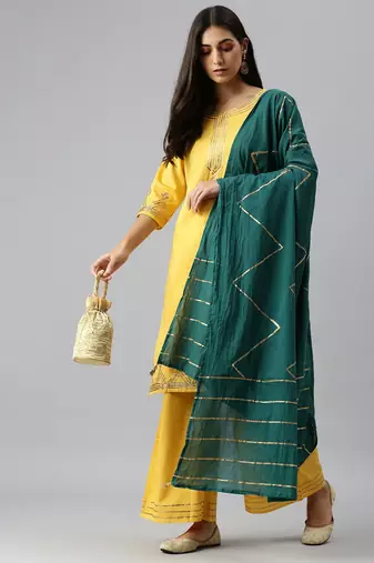 women's round neck solid yellow straight kurta and palazzos with dupatta