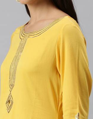 women's round neck solid yellow straight kurta and palazzos with dupatta 5