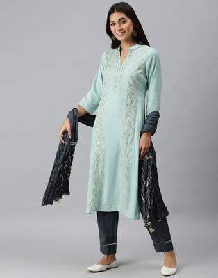 women's mandarin collar solid blue straight kurta and trouser with dupatta 1