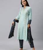 women's mandarin collar solid blue straight kurta and trouser with dupatta