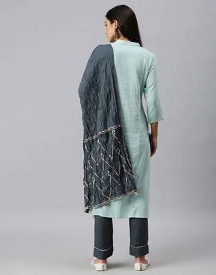 women's mandarin collar solid blue straight kurta and trouser with dupatta 2