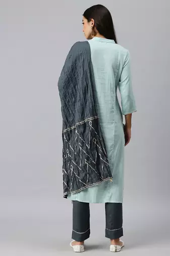 women's mandarin collar solid blue straight kurta and trouser with dupatta