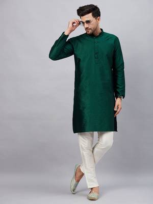 Men'S Green And Cream Silk Blend Kurta Pyjama Set 1