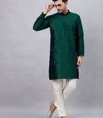 Men'S Green And Cream Silk Blend Kurta Pyjama Set