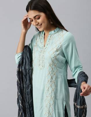 women's mandarin collar solid blue straight kurta and trouser with dupatta 3