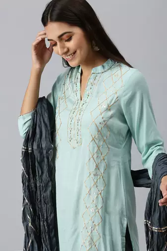 women's mandarin collar solid blue straight kurta and trouser with dupatta