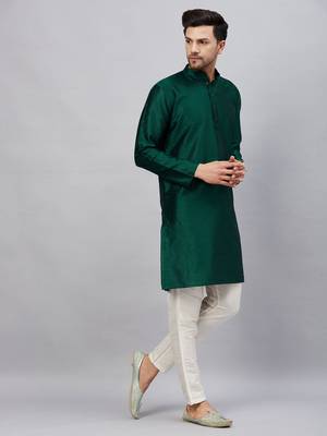 Men'S Green And Cream Silk Blend Kurta Pyjama Set 2