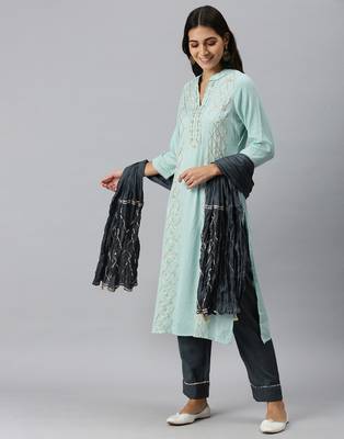women's mandarin collar solid blue straight kurta and trouser with dupatta 4