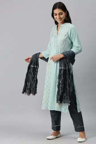 women's mandarin collar solid blue straight kurta and trouser with dupatta