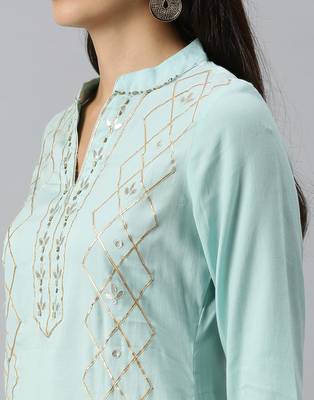 women's mandarin collar solid blue straight kurta and trouser with dupatta 5