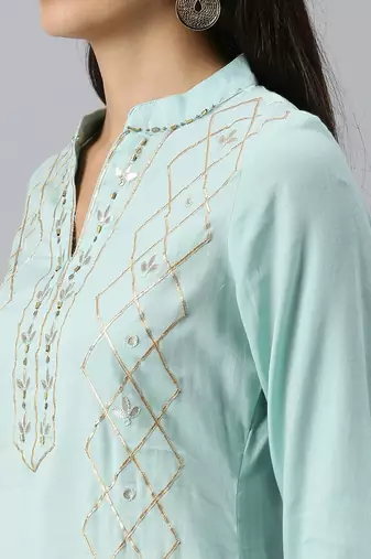 women's mandarin collar solid blue straight kurta and trouser with dupatta