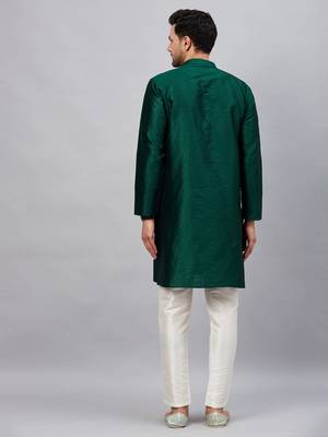 Men'S Green And Cream Silk Blend Kurta Pyjama Set 3