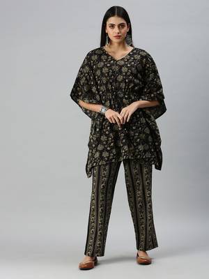 women's v-neck floral black kaftan kurti and trouser 1