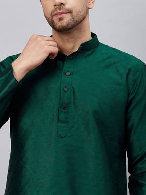 Men'S Green And Cream Silk Blend Kurta Pyjama Set 4