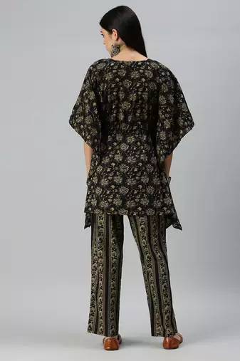 women's v-neck floral black kaftan kurti and trouser