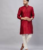 Men'S Maroon And Cream Silk Blend Kurta Pyjama Set