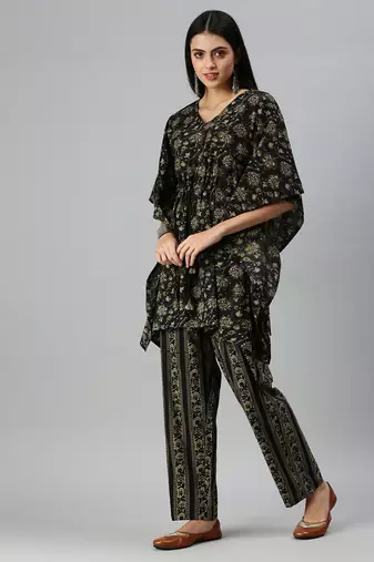 women's v-neck floral black kaftan kurti and trouser