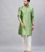 Men'S Mint Green And Cream Silk Blend Kurta Pyjama Set