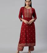 women's round neck ethnic motifs foil print maroon straight kurta and palazzos