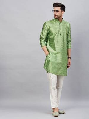 Men'S Mint Green And Cream Silk Blend Kurta Pyjama Set 2