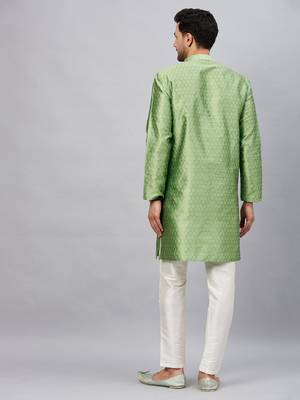 Men'S Mint Green And Cream Silk Blend Kurta Pyjama Set 3