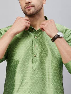 Men'S Mint Green And Cream Silk Blend Kurta Pyjama Set 4