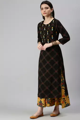 women's round neck bandhani black straight kurta and palazzos