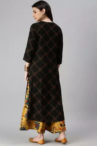 women's round neck bandhani black straight kurta and palazzos