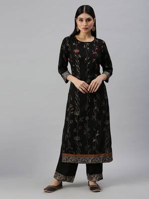 women's round neck floral foil print black straight kurta and trouser 1