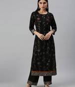 women's round neck floral foil print black straight kurta and trouser