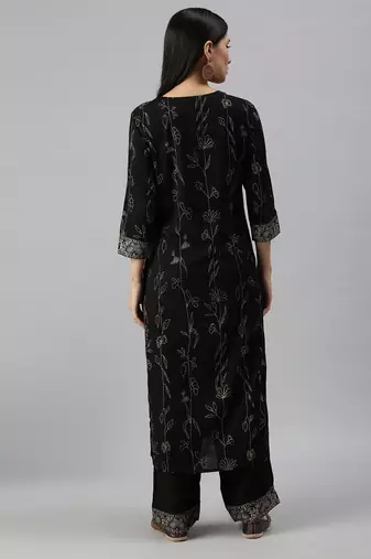 women's round neck floral foil print black straight kurta and trouser
