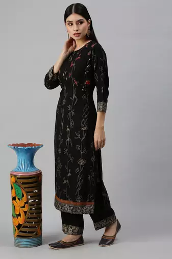 women's round neck floral foil print black straight kurta and trouser