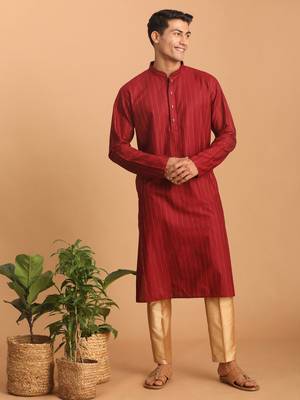 Maroon And Rose Gold Cotton Blend Kurta Pyjama Set 1