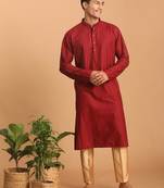 Maroon And Rose Gold Cotton Blend Kurta Pyjama Set