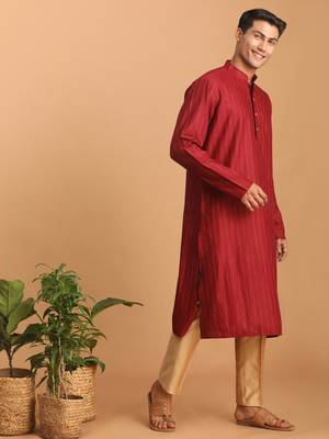 Maroon And Rose Gold Cotton Blend Kurta Pyjama Set 2