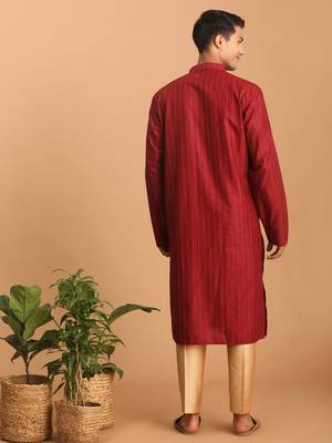Maroon And Rose Gold Cotton Blend Kurta Pyjama Set 3