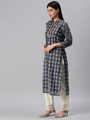 women's mandarin collar floral grey straight kurta and trouser with dupatta 2