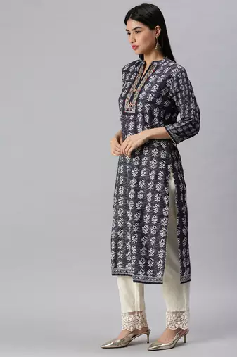 women's mandarin collar floral grey straight kurta and trouser with dupatta