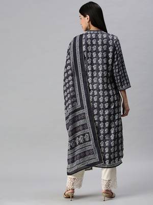 women's mandarin collar floral grey straight kurta and trouser with dupatta 3