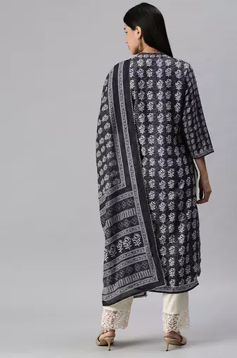 women's mandarin collar floral grey straight kurta and trouser with dupatta