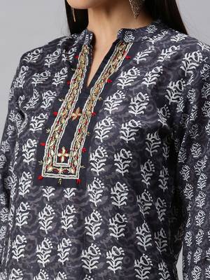 women's mandarin collar floral grey straight kurta and trouser with dupatta 4
